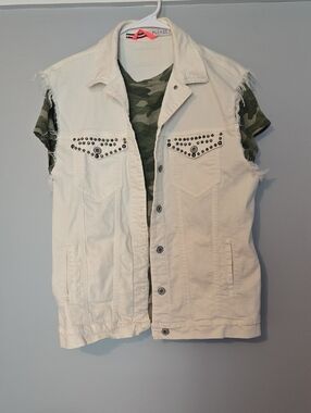 Please Italian Studded White Denim Vest with Distressed Sleeves